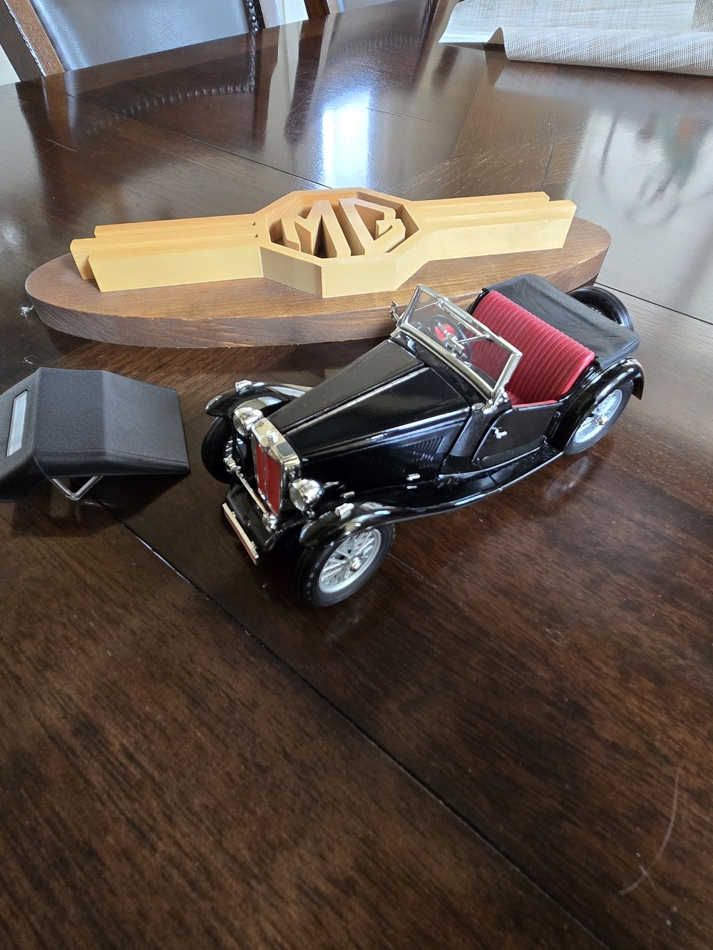 Vintage MG TC Midget Die-Cast Car with Red Interior & Wooden MG Logo